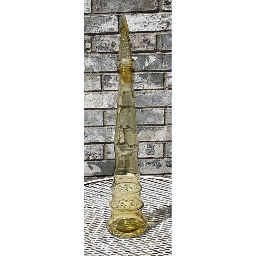 Vintage Mid-Century Modern Yellow Empoli Glass Genie Decanter Bottle 26” Tall